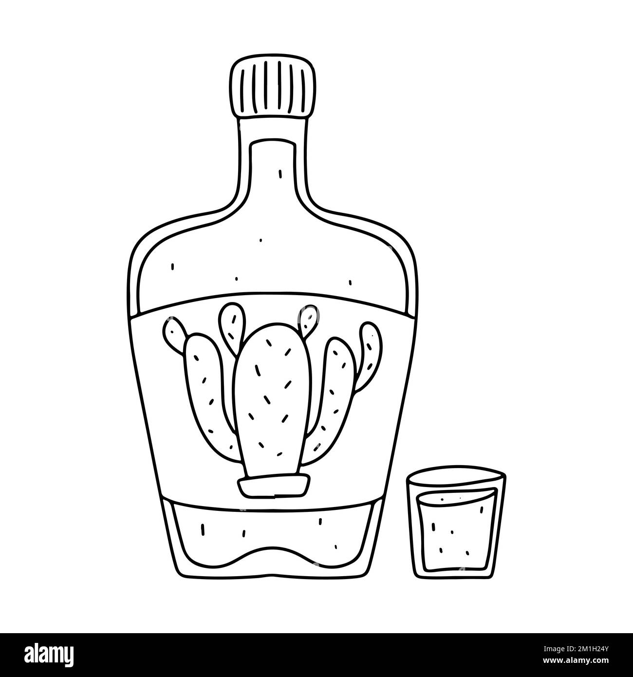 Tequila in bottle in hand drawn doodle style. Mexican traditional drink