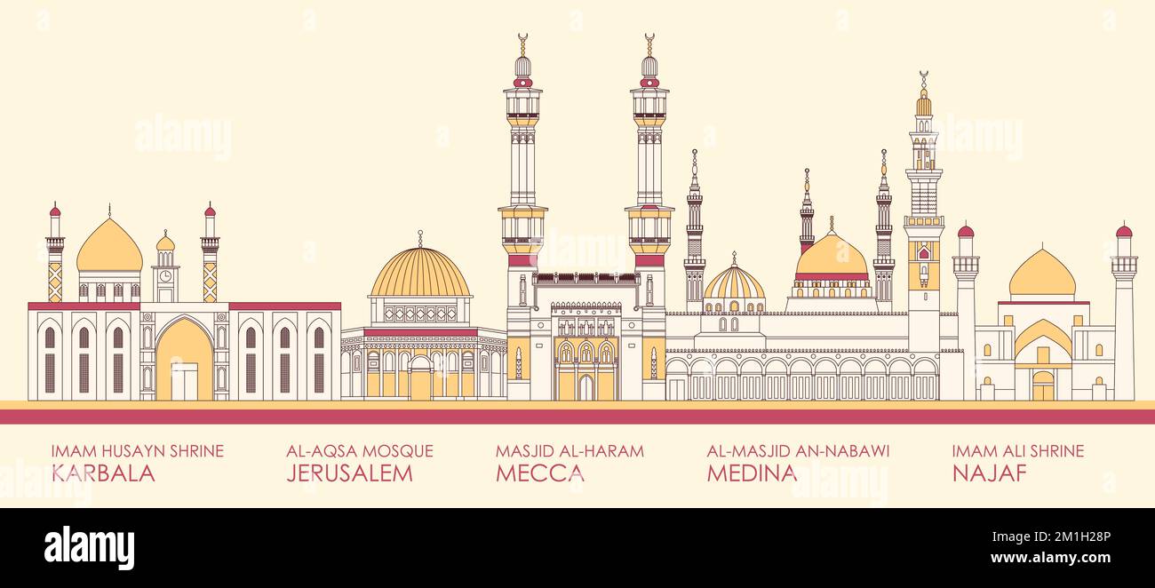 Cartoon Skyline Panorama of the Most Famous Mosques - vector illustration Stock Vector