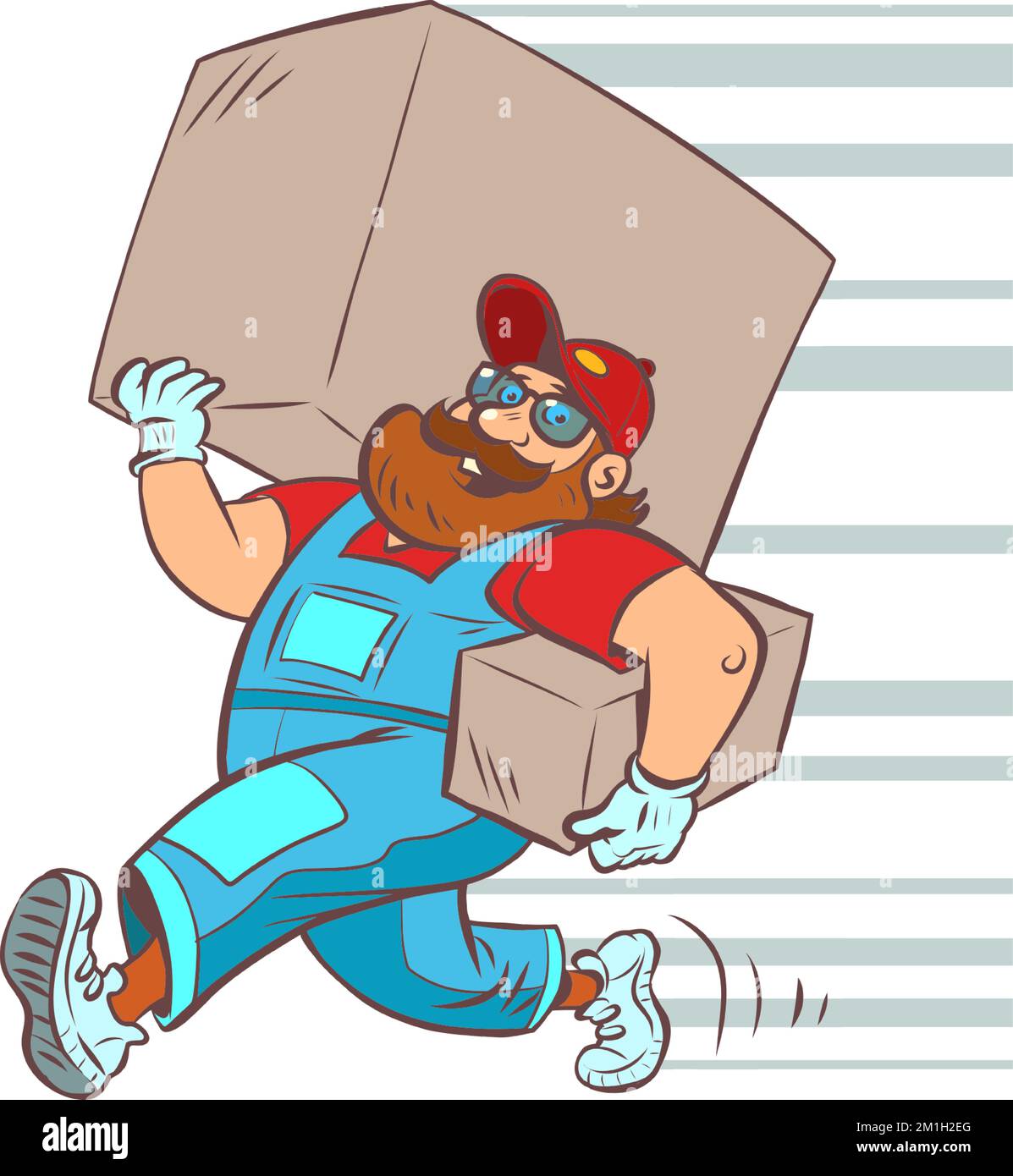 Man delivery courier, loader. A bearded man with a big box. Shopping and Ordering Online Trading Stock Vector