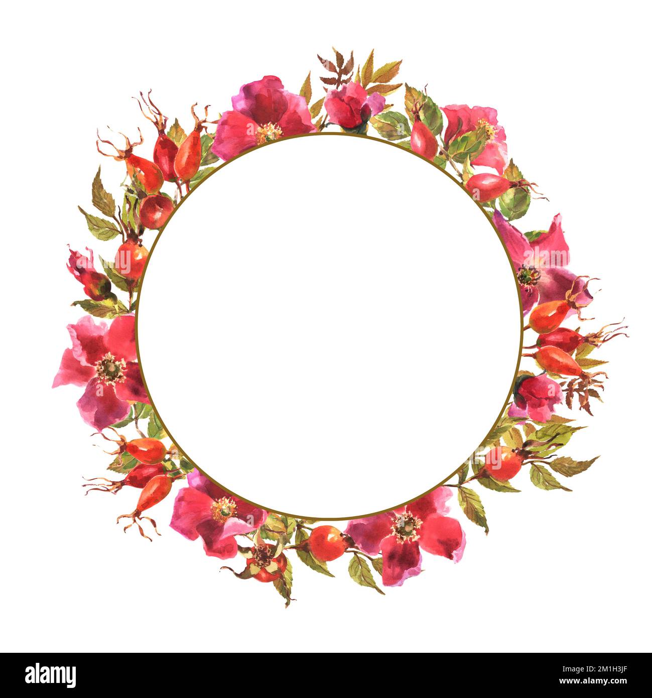 Watercolor rose hip wreath. Flowers, leaves and fruits of wild roses