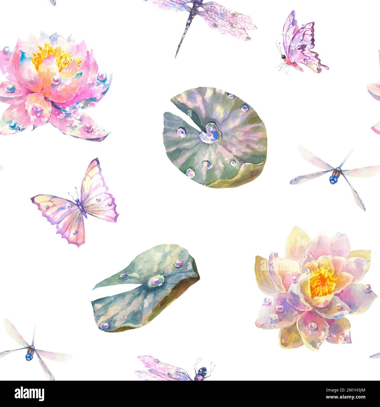 Watercolor Seamless Pattern with Romantic Flying dragonflies ...