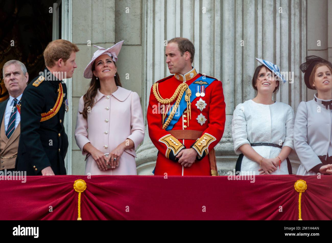 Prince Andrew, Prince Harry, Kate Middleton, Prince William watching the Queen's Birthday Flypast from the balcony of Buckingham Palace, London, UK Stock Photo