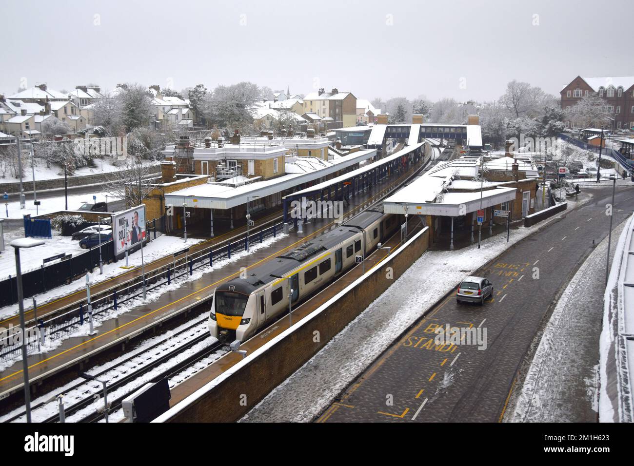 The Kent town of Gravesend’s residents awoke to an extensive overnight fall of snow and freezing temperatures. Image shows Gravesend Railway Station. Stock Photo