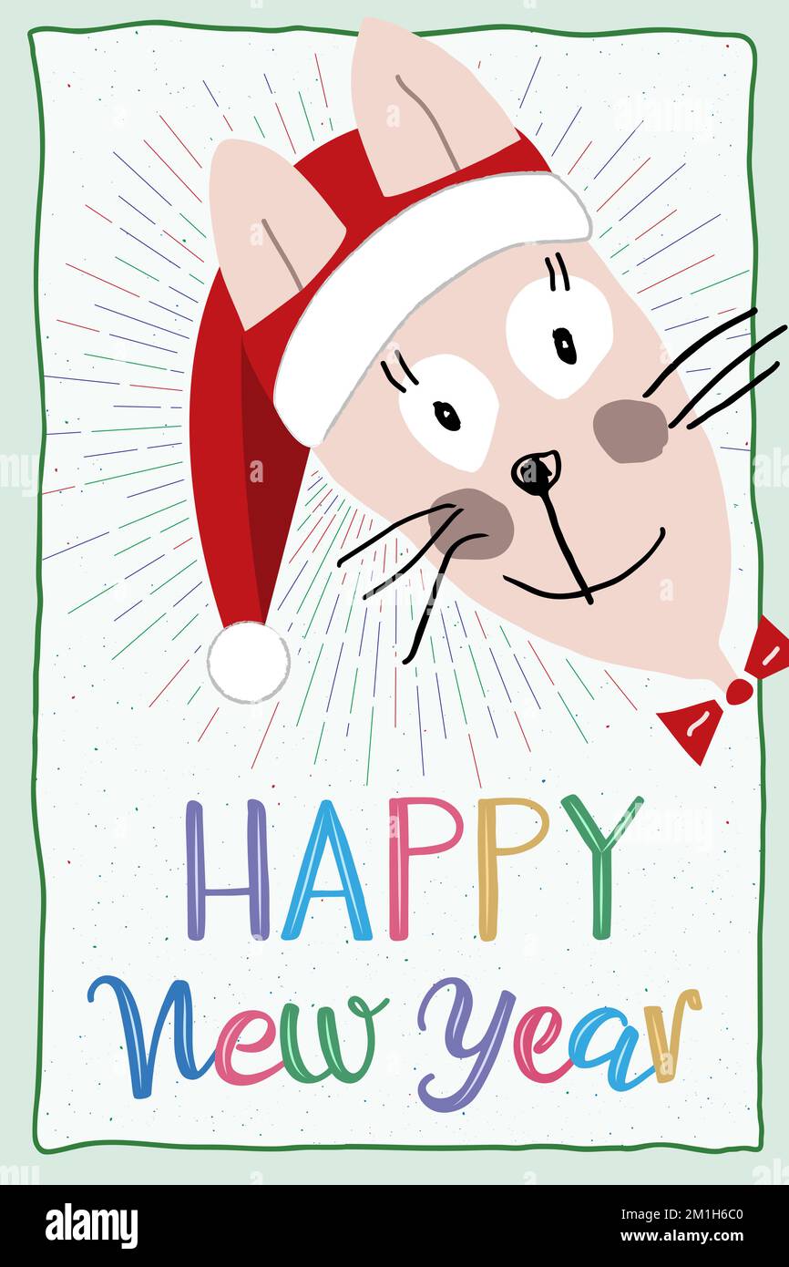 A Happy New Year greeting card. Cute funny bunny in a red Santa hat peeking out from around the corner.  Multicolored fireworks in the background. Stock Vector