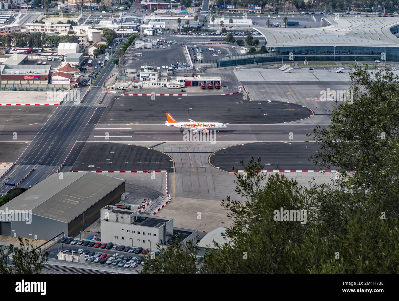 Easyjet, landing and taxiing to the terminal at Gibraltar International Airport. Stock Photo