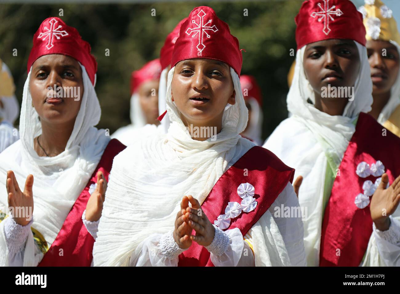 Choir girls singing at the annual Nigdet Feast Day in Eritrea Stock Photo