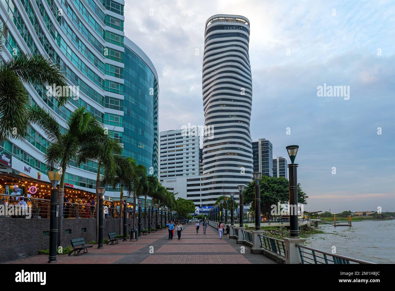 Cityscape of the Malecon 2000 waterfront promenade along Guayas river with modern buildings, Guayaquil, Ecuador. Stock Photo