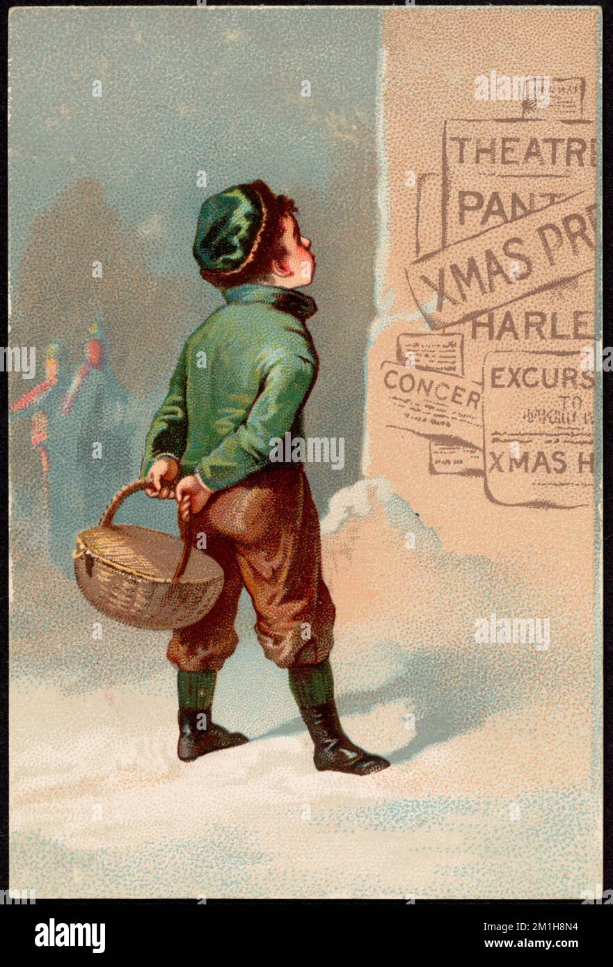 Boy looking at broadsides on a building holding a basket. , Boys ...