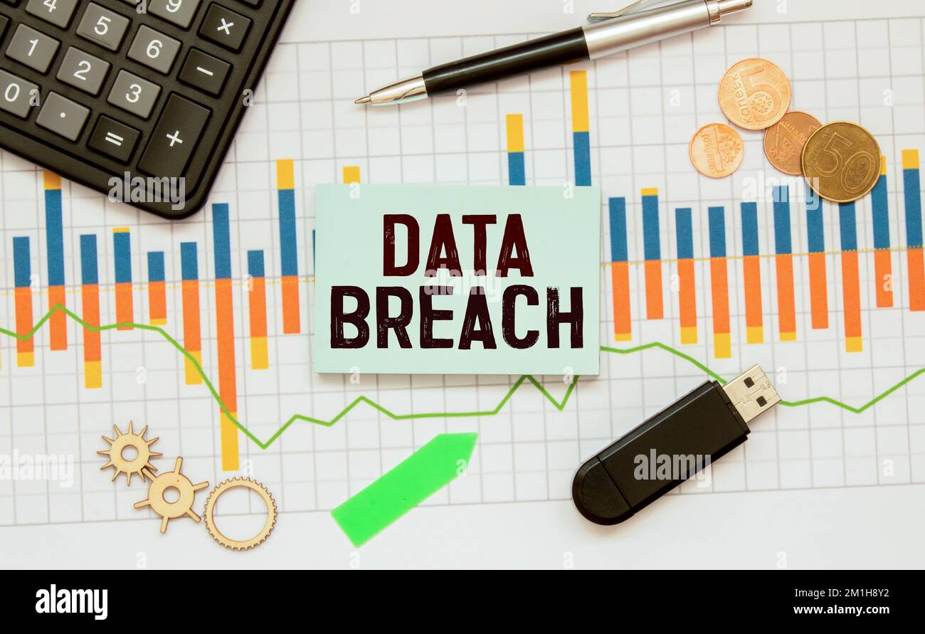 Data breach sticker with marketing plan inscription over computer keyboard Stock Photo