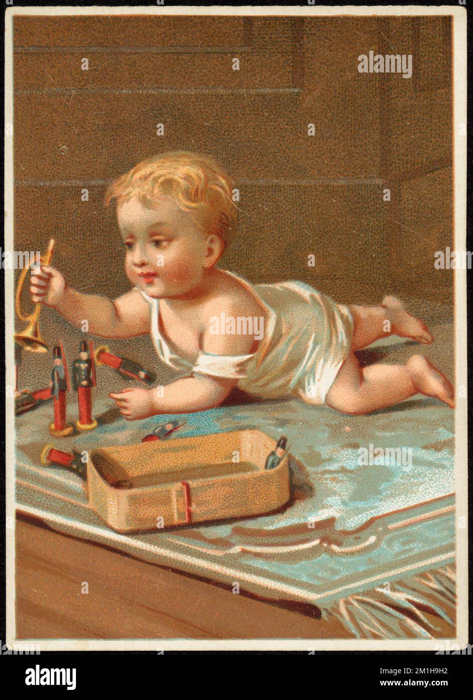 Child playing with toy soldiers and trumpet. , Children, Toys, Brass instruments, 19th Century American Trade Cards Stock Photo