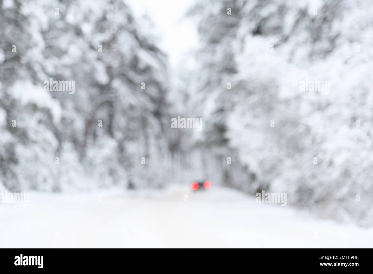 Blurred abstract snow covered trees in forest and red car tail lights on the road Stock Photo