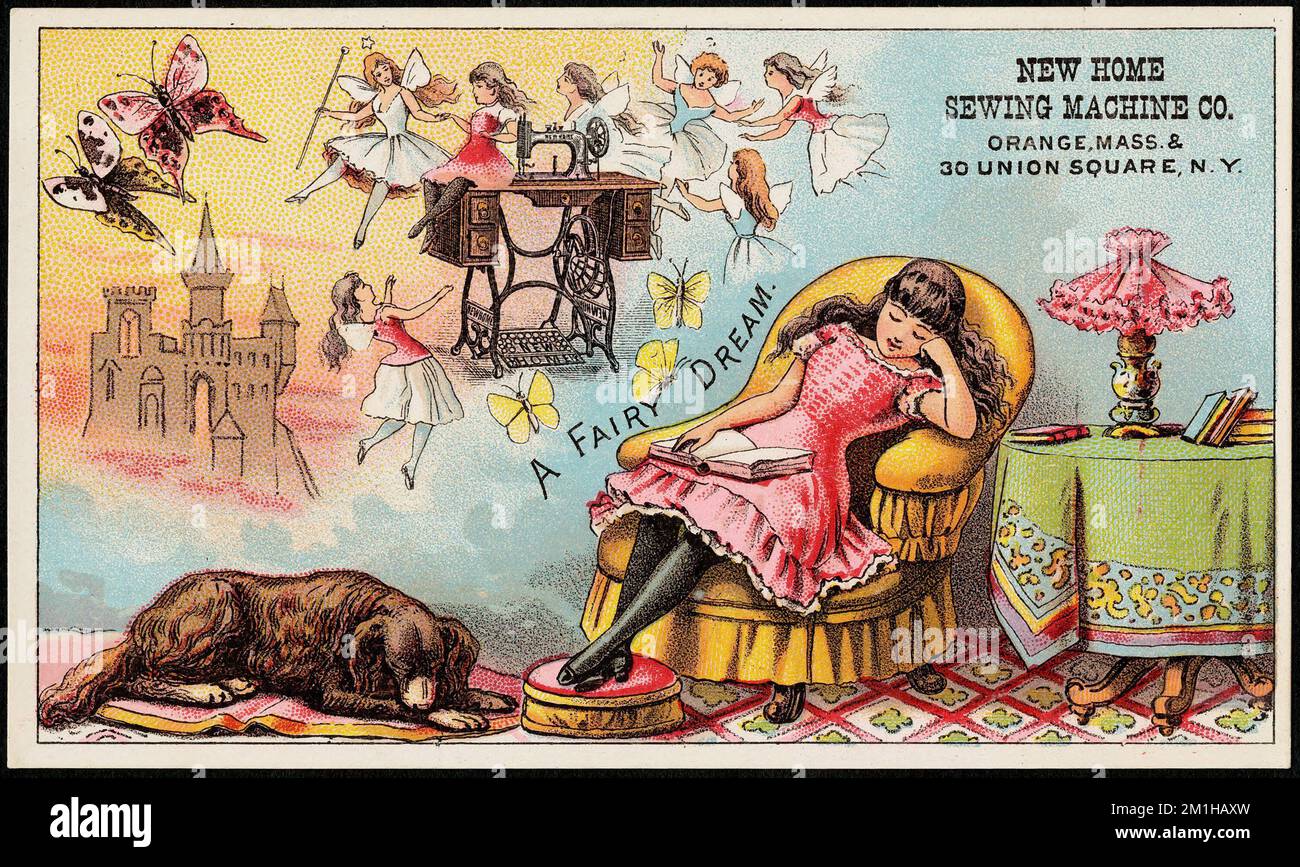 A fairy dream. , Girls, Fairies, Dogs, Butterflies, Sewing machines