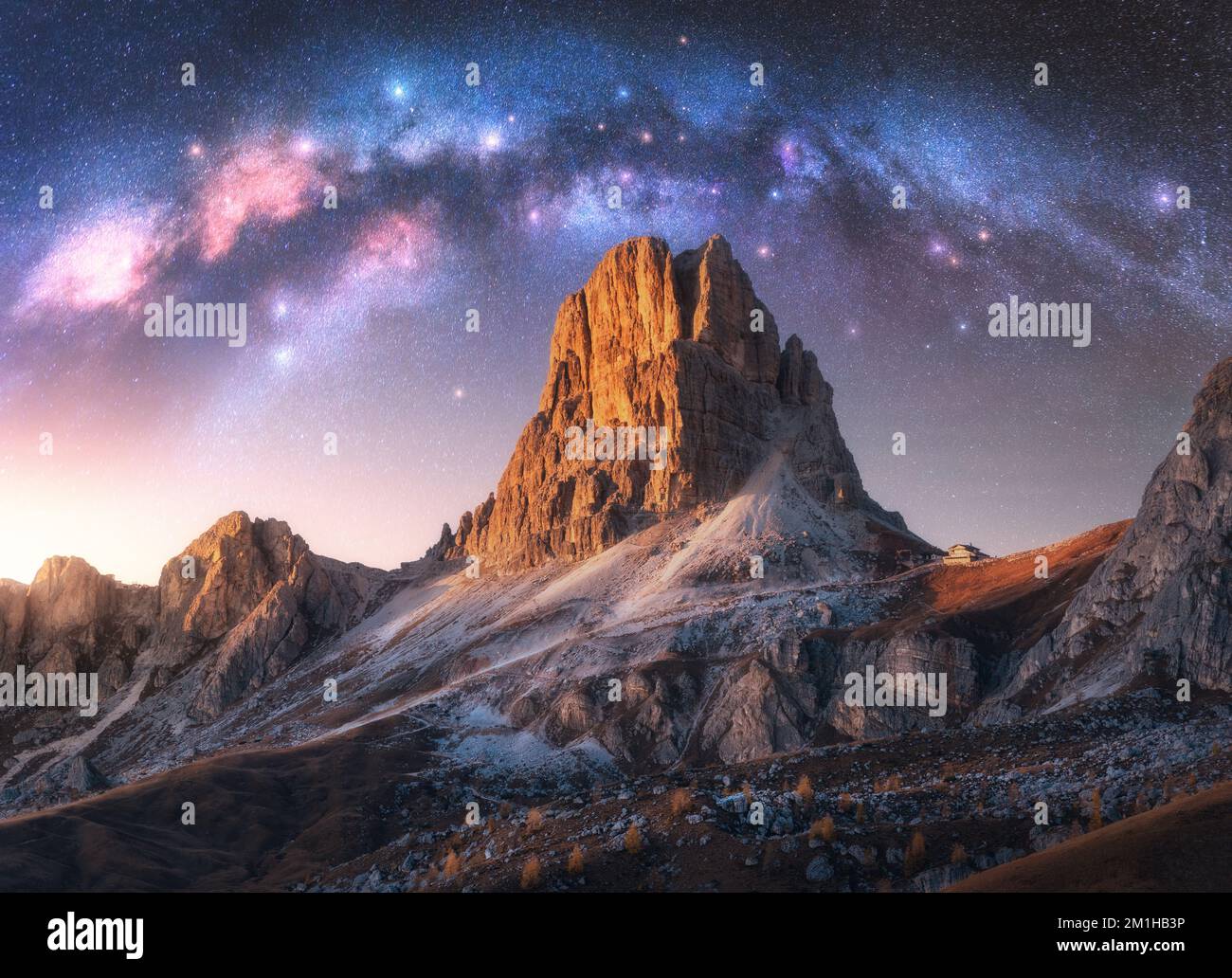 Milky Way acrh over beautifull rocks at starry night in summer Stock Photo