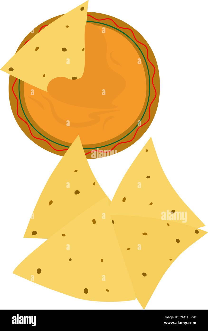 A pile of Mexican cornmeal chips nacho and traditional orange color sauce in cartoon style. Mexican food. Sticker. Icon. Isolate. Good for banner, posting or logo, cards, invitation, label or tag. EPS Stock Vector