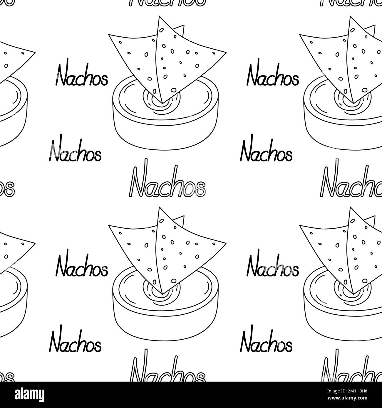 Endless pattern with traditional corn Mexican chips Nachos and sauce in bowl with lettering Nachos by hand. Latin American catering. Backdrop texture. Isolate. Good for wrapping, wallpaper, cards. EPS Stock Vector