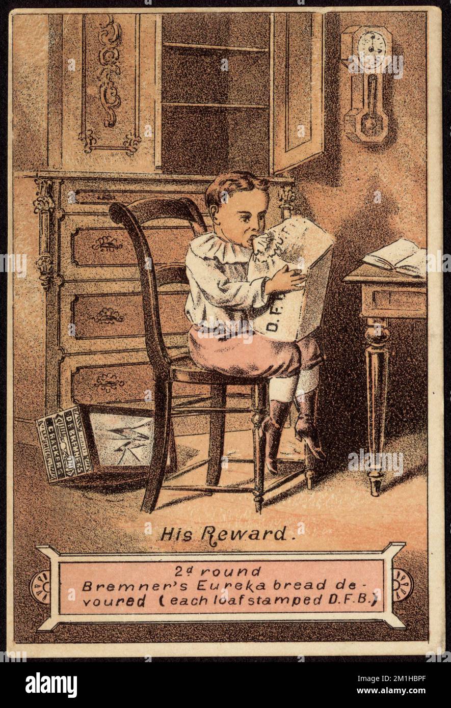 His reward. 2d. round Bremner's Eureka bread devoured (each loaf stamped D. F. B.) , Boys, Bread, 19th Century American Trade Cards Stock Photo