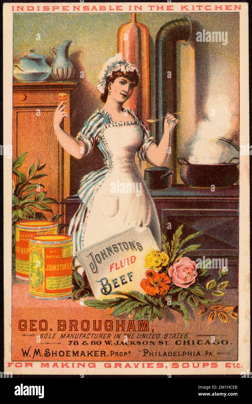 Johnston's Fluid Beef, indispensable in the kitchen for making gravies, soups, etc. , Women, Cookery, Canned foods, 19th Century American Trade Cards Stock Photo