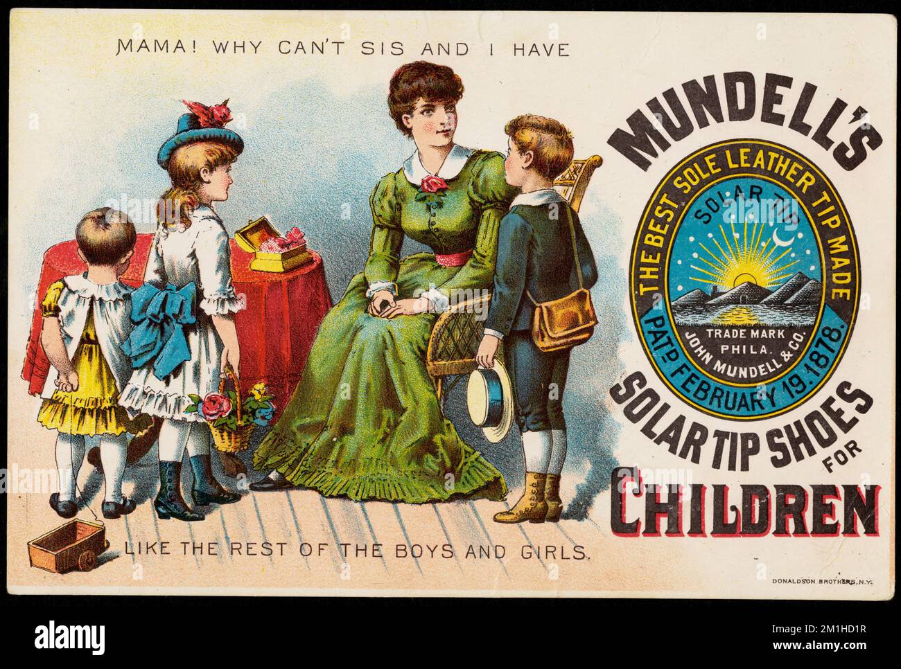 USA advertising card for Mundell's Solar Tip Shoes, late 1800s USA advertising card for Mundell's Solar Tip Shoes, late 1800s