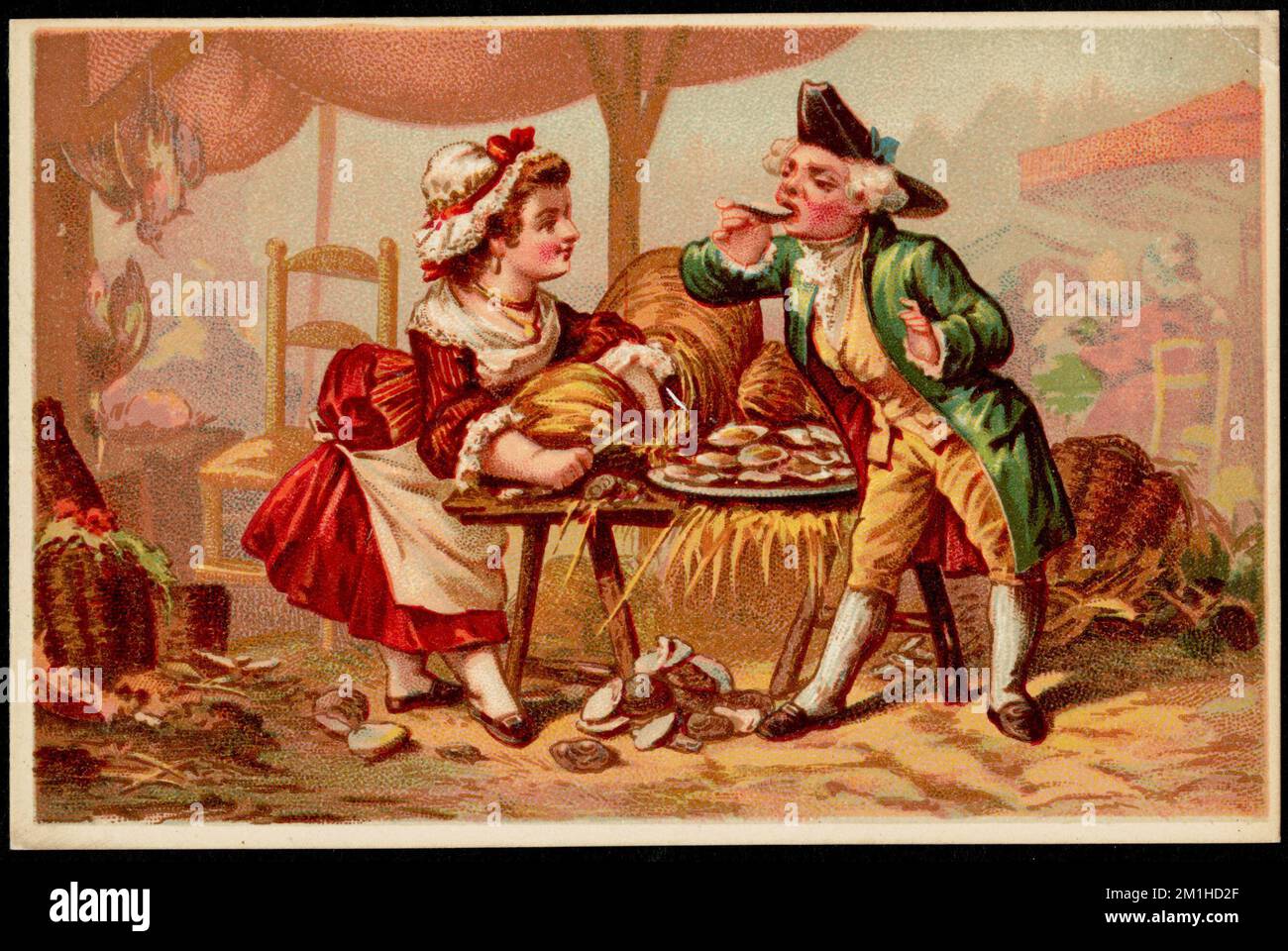 Man and woman dressed in historical costume, man eating oysters. , Adults, Oysters, 19th Century American Trade Cards Stock Photo
