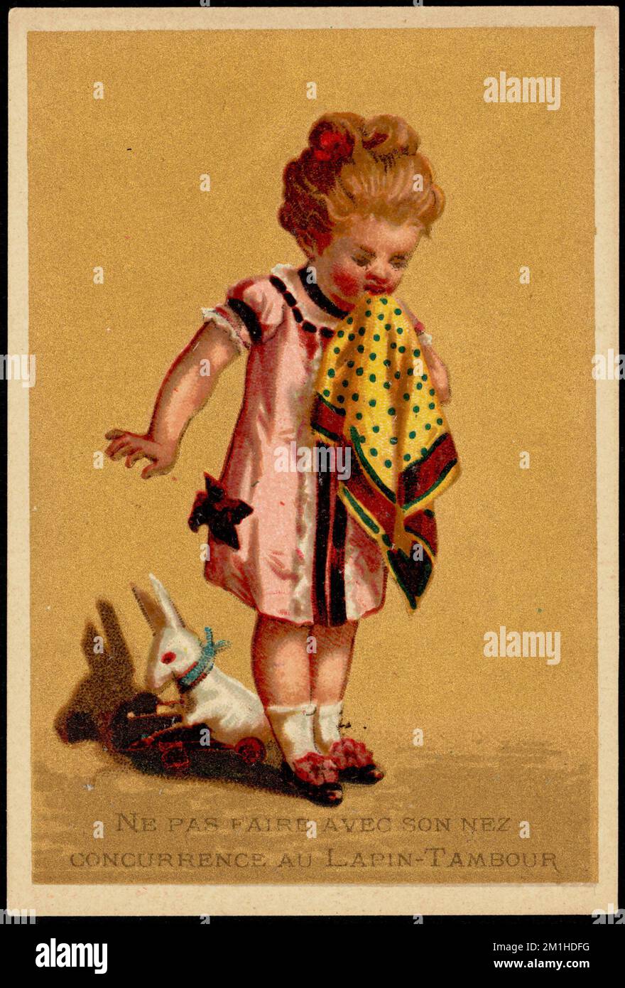 Ne pas faire avec son nez concurrence au Lapin-Tambour , Girls, Handkerchiefs, Rabbits, 19th Century American Trade Cards Stock Photo