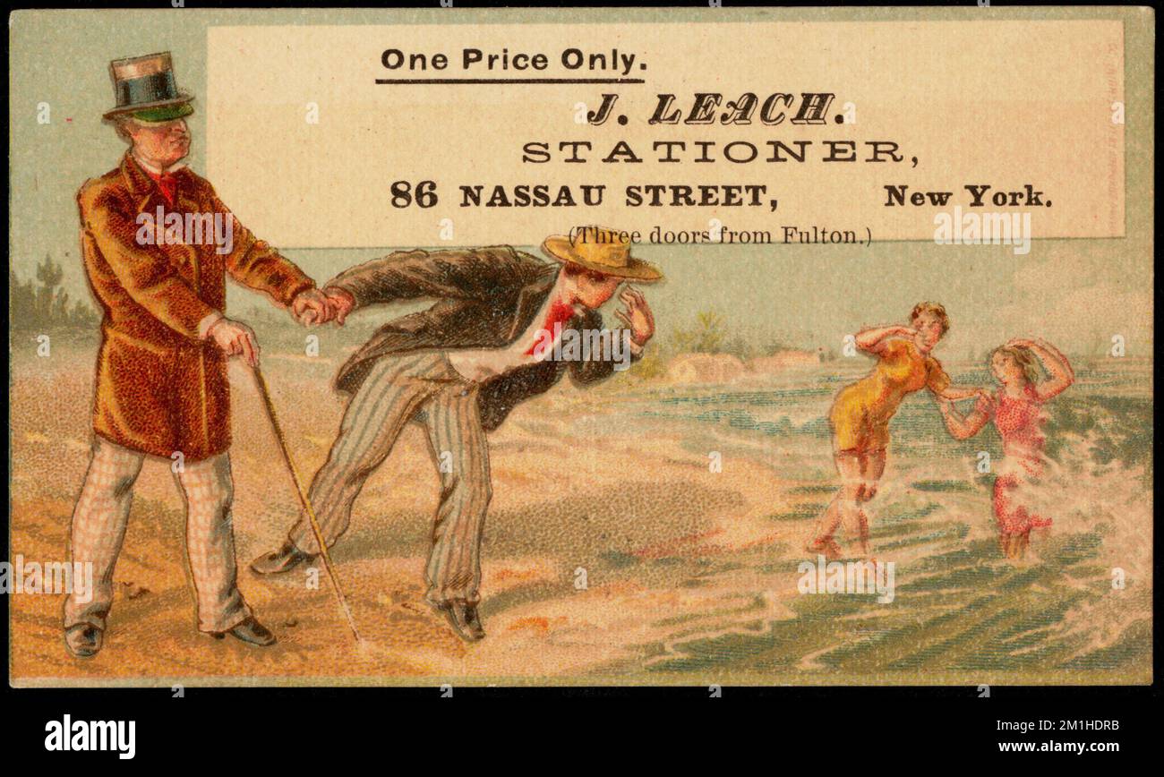 One price only. J. Leach. Stationer, 86 Nassau Street, New York. (Three doors from Fulton.) , People, Beaches, Stationery trade, 19th Century American Trade Cards Stock Photo
