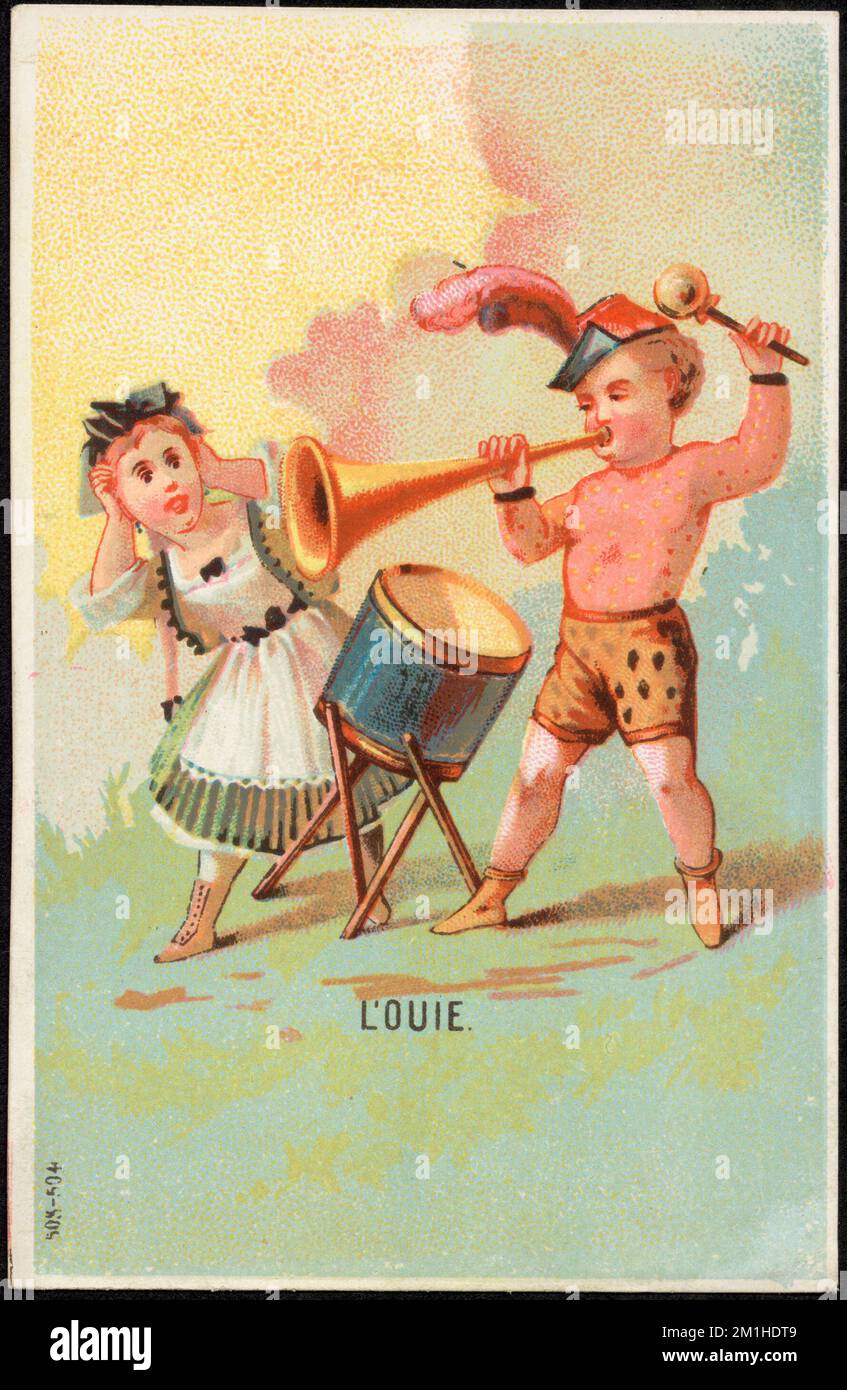 L'ouie , Children, Brass instruments, Drums Musical instruments, 19th Century American Trade Cards Stock Photo