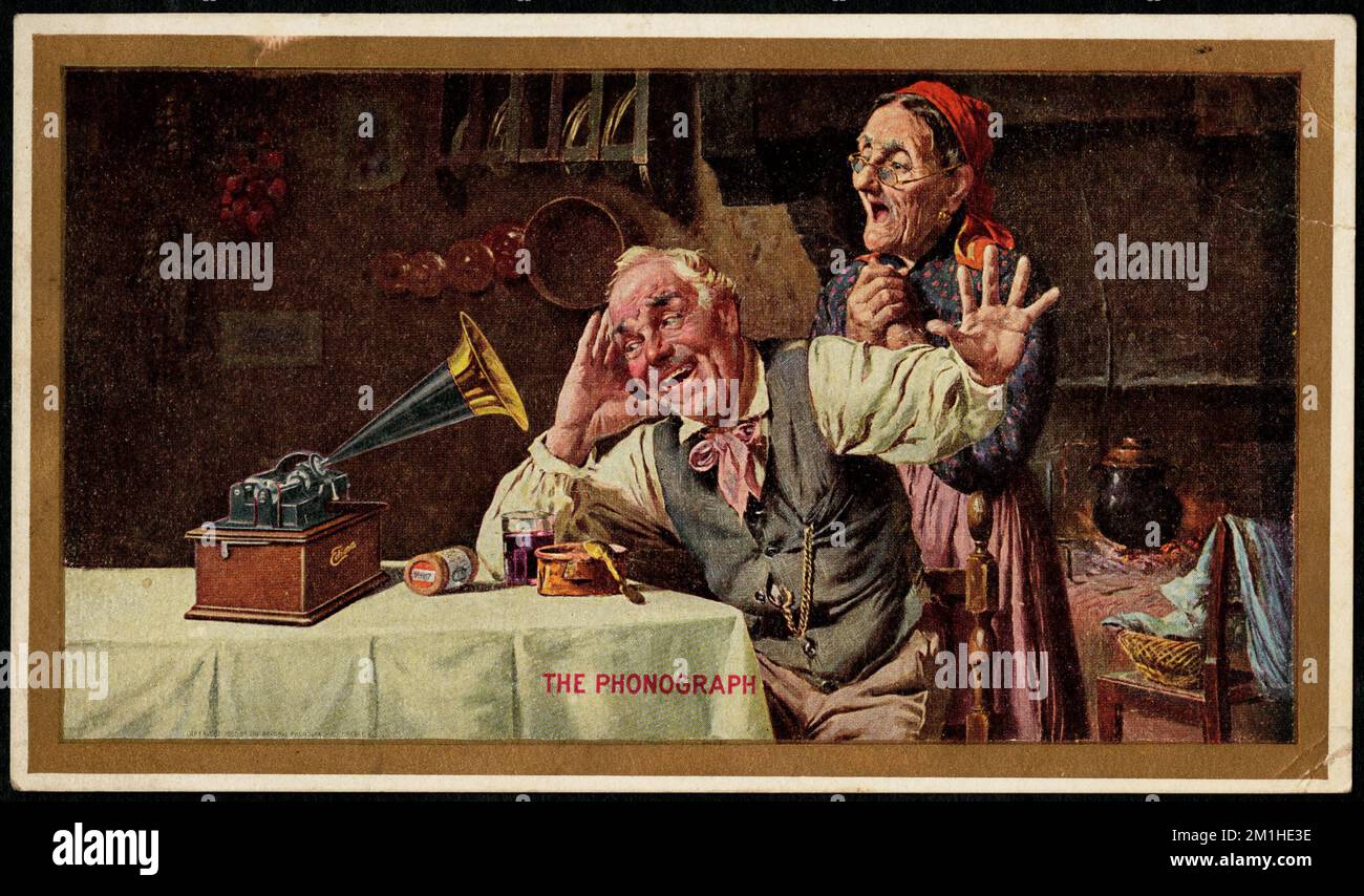 The phonograph , Older people, Phonographs, 19th Century American Trade Cards Stock Photo