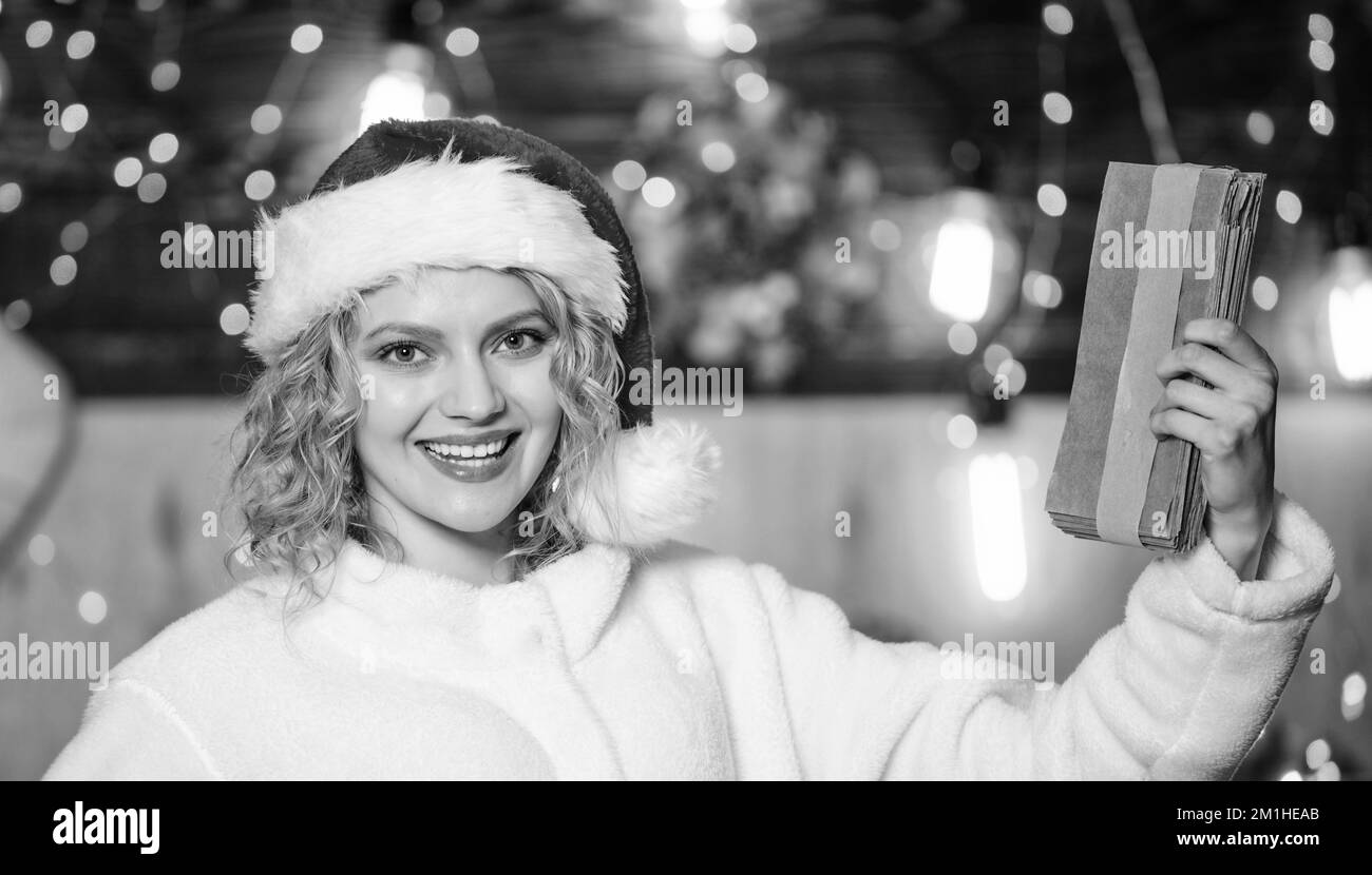 woman hold parcel. write wish list. letter to santa. family greeting