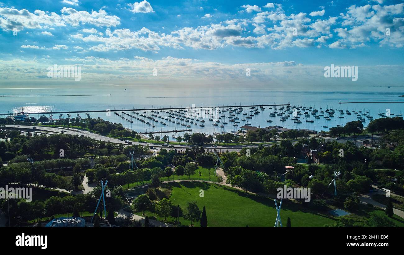 Docks and Lake Michigan from above at Millennium Park in Chicago Stock Photo