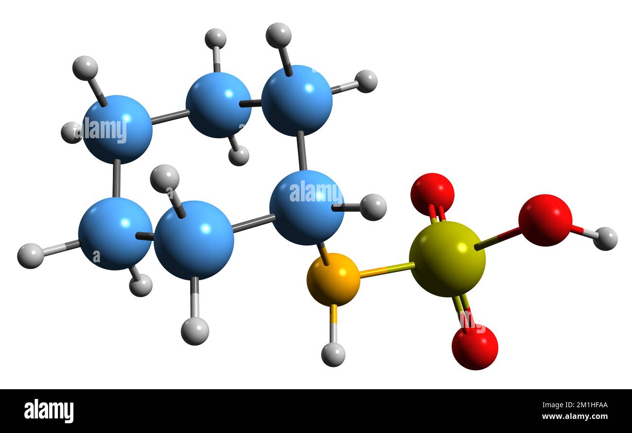 3D image of Cyclamic acid skeletal formula - molecular chemical structure of Cyclohexylsulfamic acid isolated on white background Stock Photo