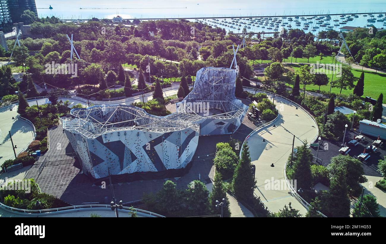 Rock climbing activity center in Millennium Park from above with view