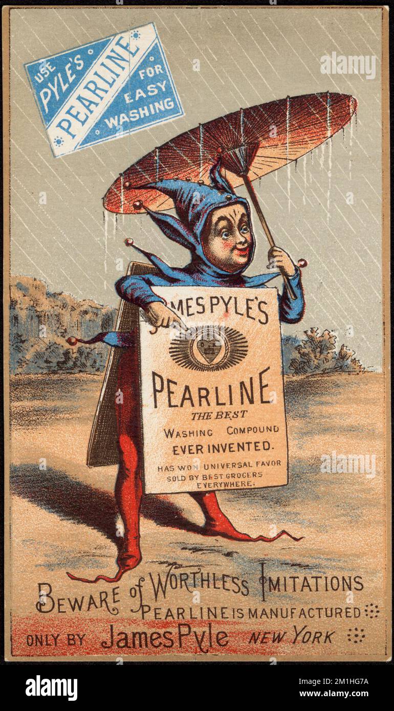 Use Pyle's Pearline for easy washing - beware of worthless imitations , Fools & jesters, Umbrellas, Household soap, 19th Century American Trade Cards Stock Photo