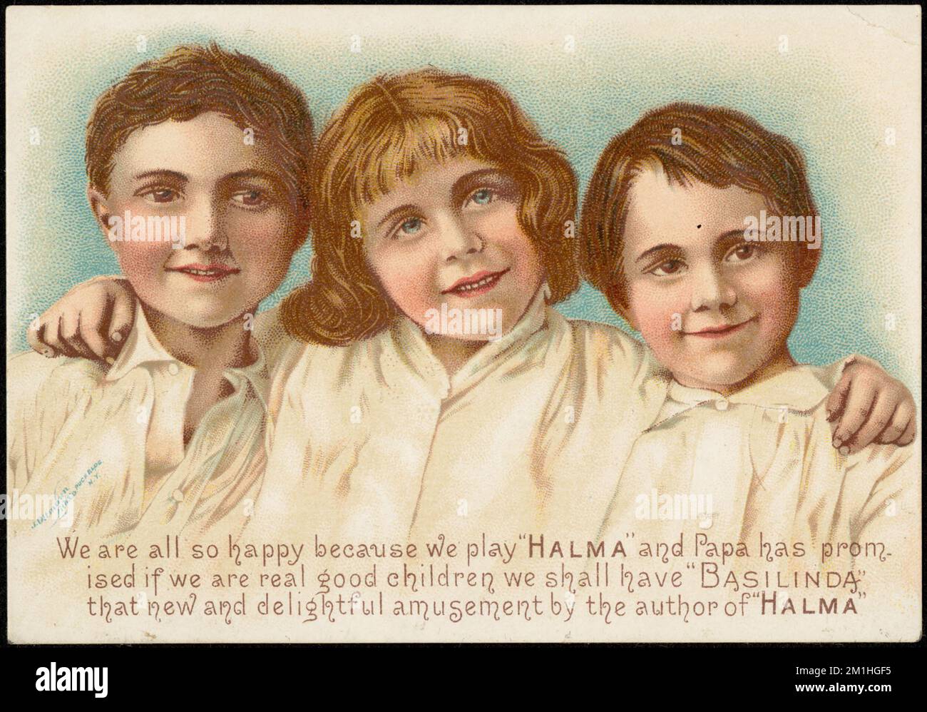 We are all so happy because we play 'Halma' and papa has promised that if we are real good children we shall have 'Basilinda' that new and delightful amusement by the author of 'Halma.' , Children, Board games, 19th Century American Trade Cards Stock Photo