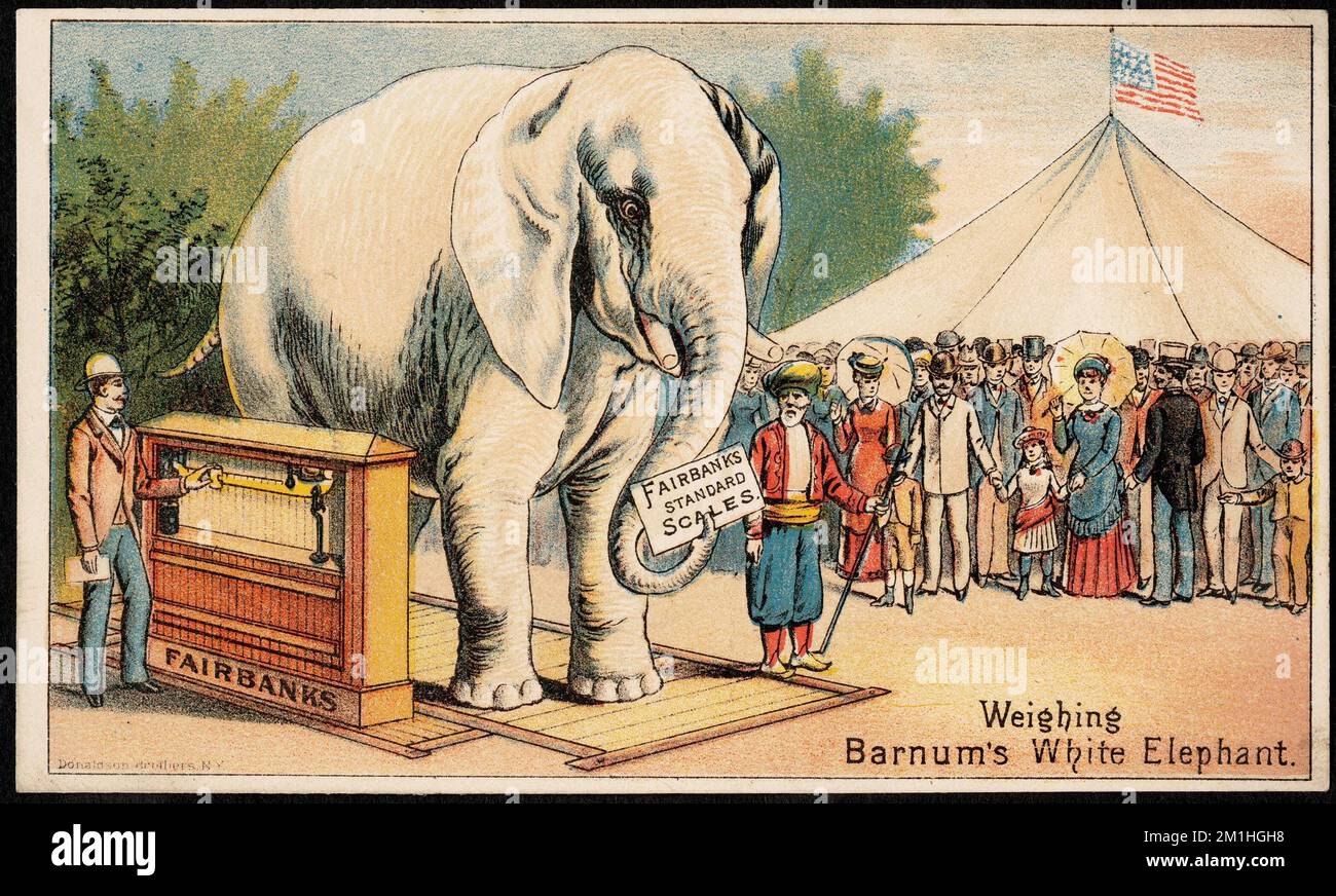 Weighing Barnum's white elephant Fairbanks Standard Scales. , People