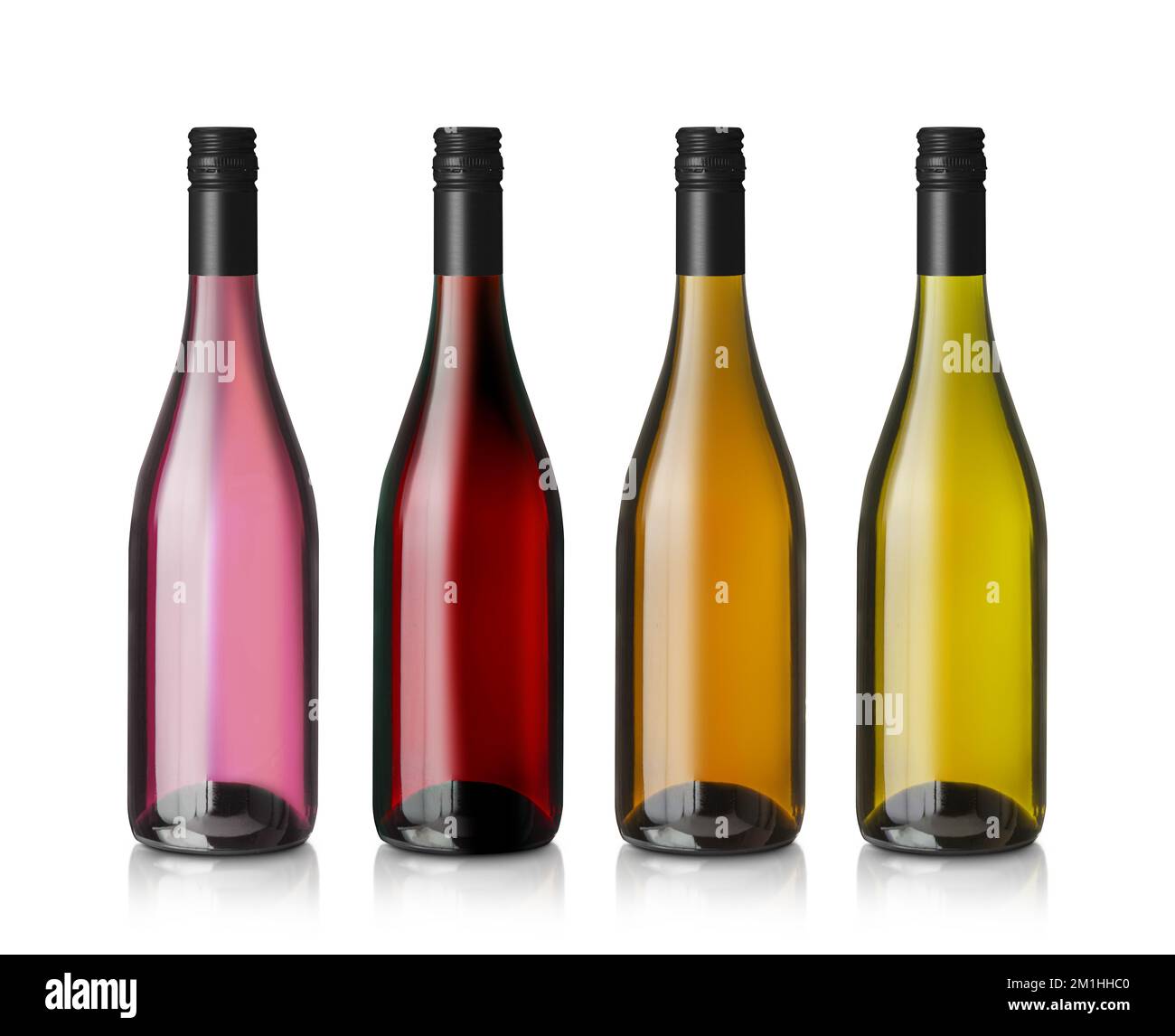 Rose, Red, and White wine bottles set, isolated on white background