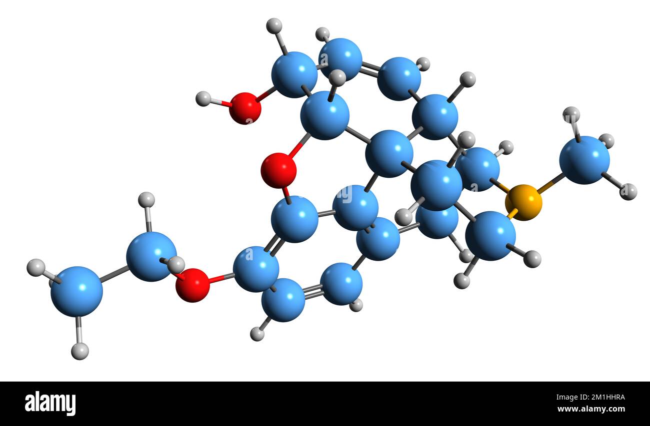3D image of Ethylmorphine skeletal formula - molecular chemical structure of  codethyline isolated on white background Stock Photo
