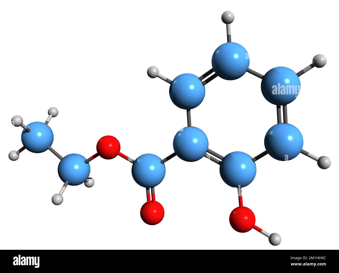 3D image of Ethyl salicylate skeletal formula - molecular chemical structure of Ethyl 2-hydroxybenzoate isolated on white background Stock Photo