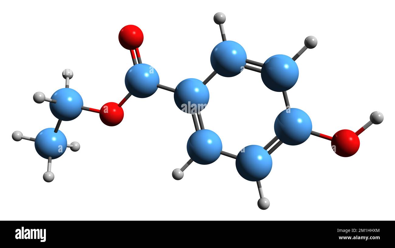 3D image of Ethylparaben skeletal formula - molecular chemical structure of Ethyl 4-hydroxybenzoate isolated on white background Stock Photo