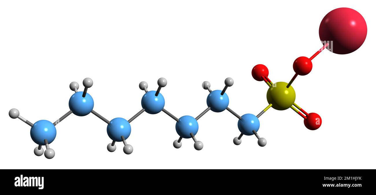 3D image of Sodium heptanesulfonate skeletal formula - molecular chemical structure of sodium heptane-1-sulfonate isolated on white background Stock Photo