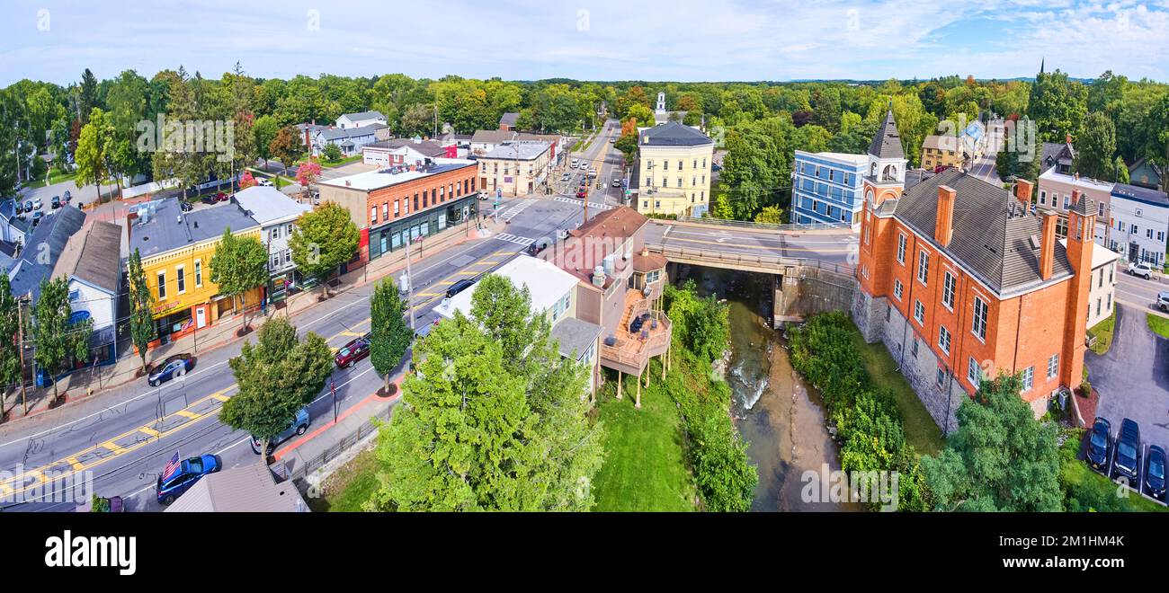 Aerial panoramic view over small town in New York Honeoye Falls Stock