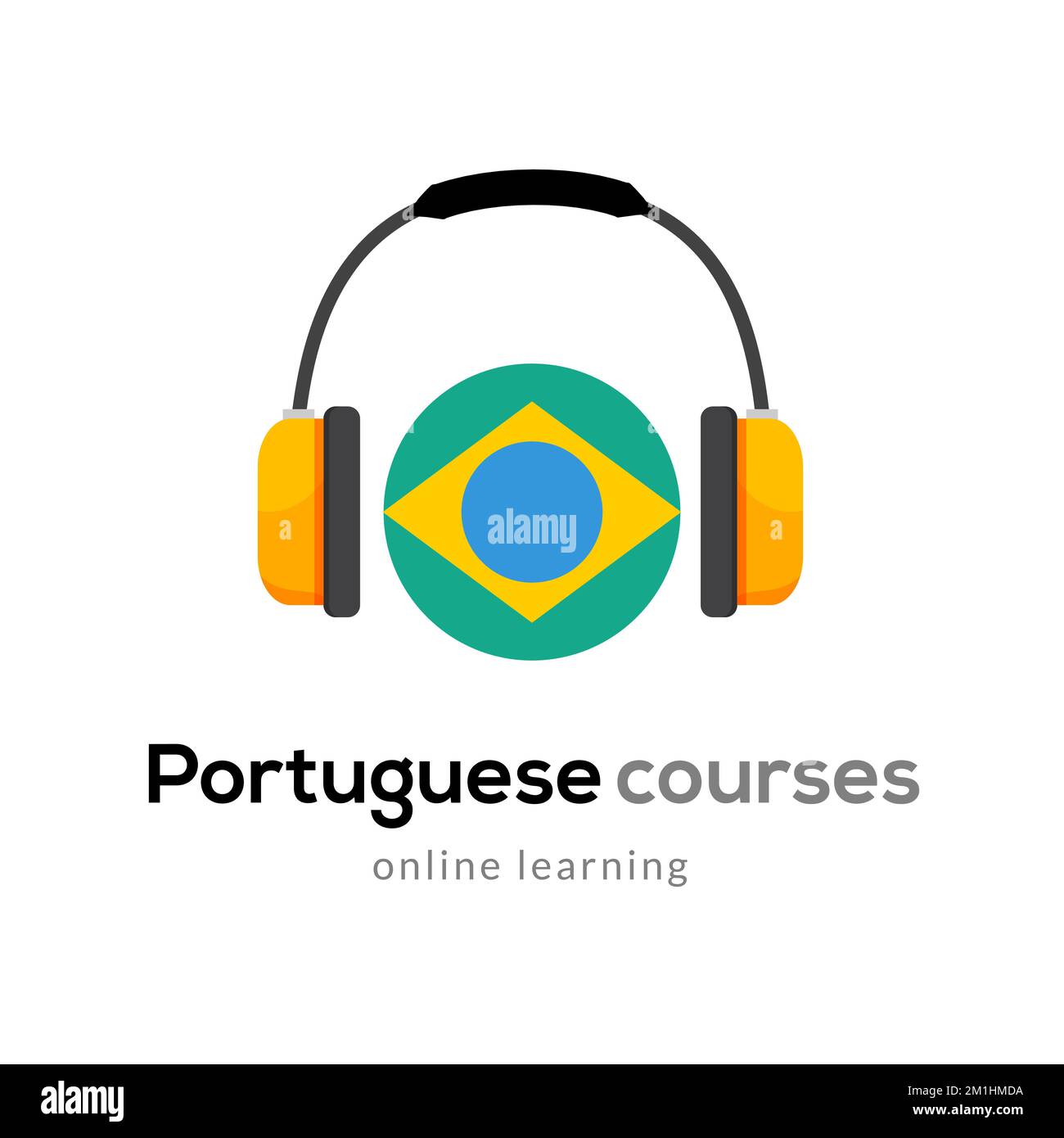Portuguese language learning logo icon with headphones. Creative