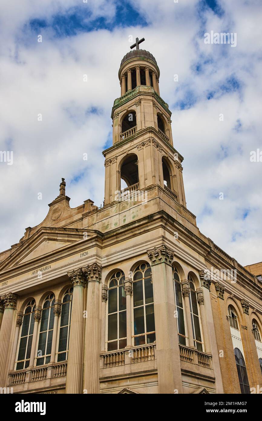 Looking up at limestone Christian Church steeple in New York City Stock Photo