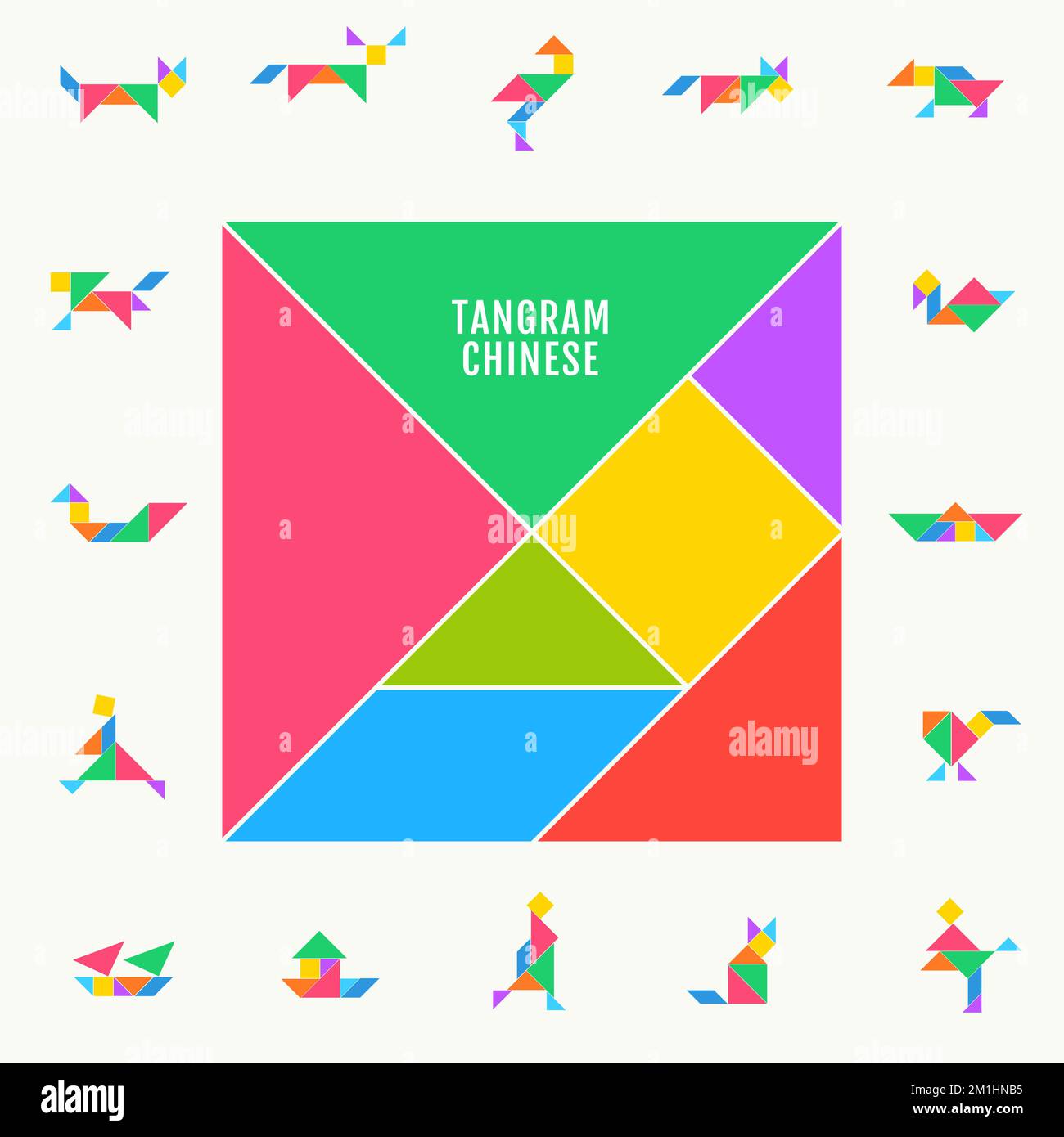 Tangram puzzle square set. Vector triangle geometric tangram template illustration chinese traditional Stock Vector