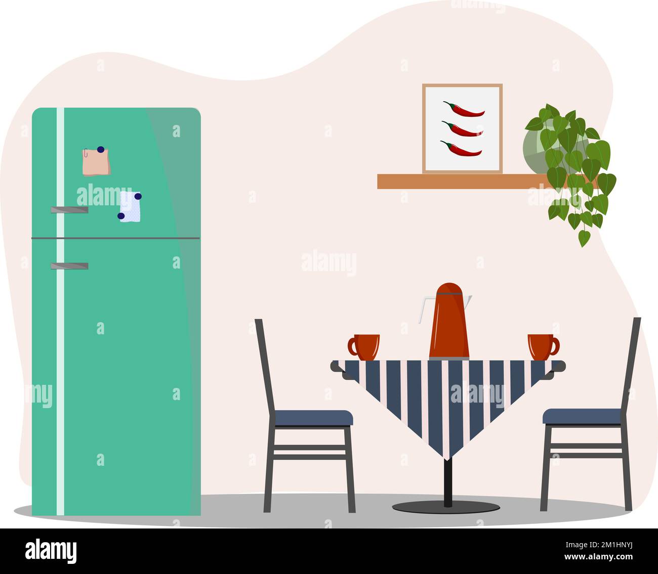 Kitchen corner interior refrigerator, table and chairs Stock Vector