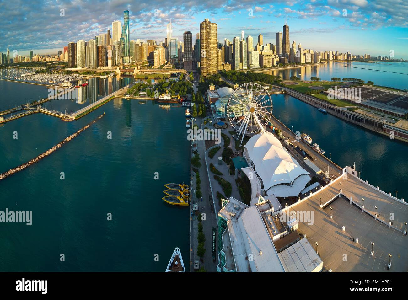 Warped panorama of Chicago Navy Pier and skyline in morning light Stock Photo