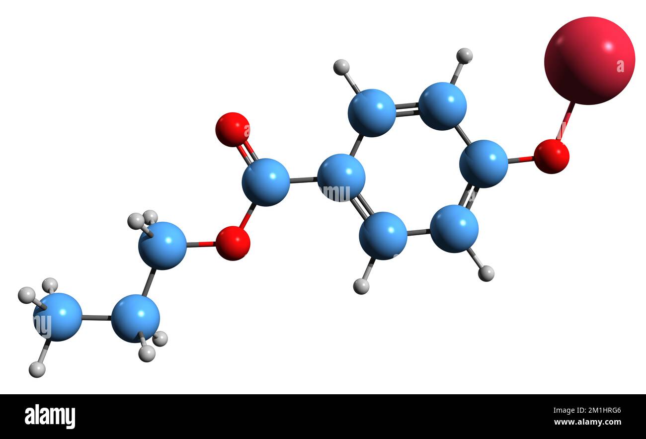 3D image of Sodium propyl para-oxybenzoate skeletal formula - molecular chemical structure of Propylparaben sodium  salt isolated on white background Stock Photo