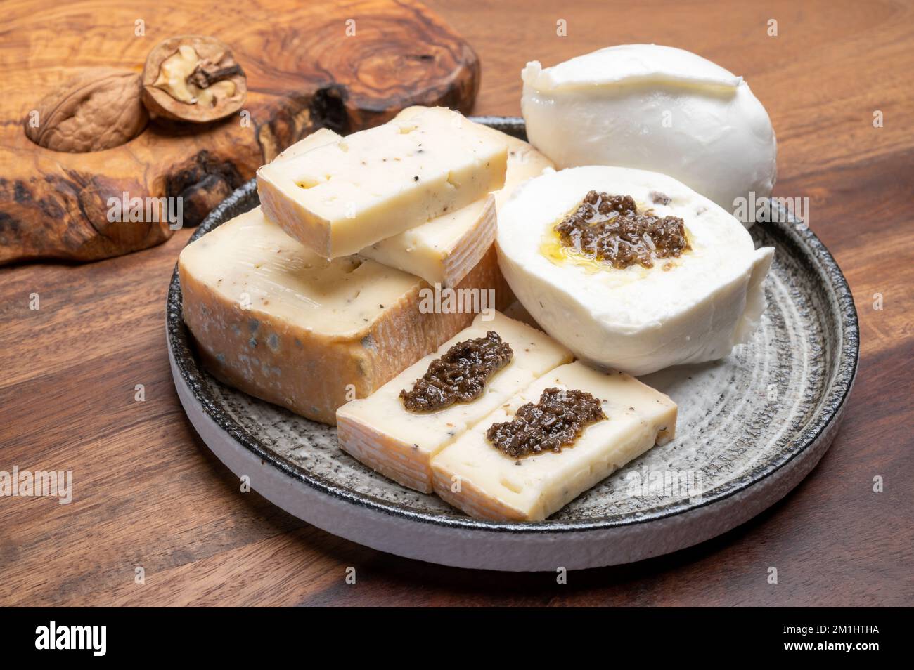 Italian cheese collection, yellow taleggio cheese and white mozzarella