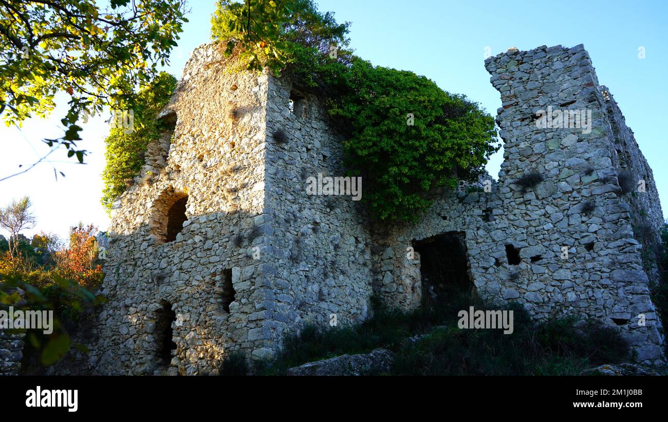 Old ruins of an abandoned stone house overgrown with plants Stock Photo