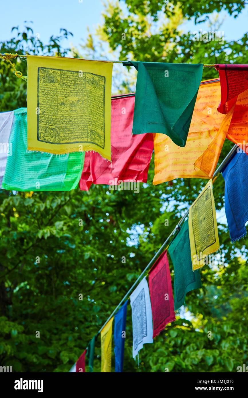 Buddhist prayer flags in all colors on wire Stock Photo Alamy