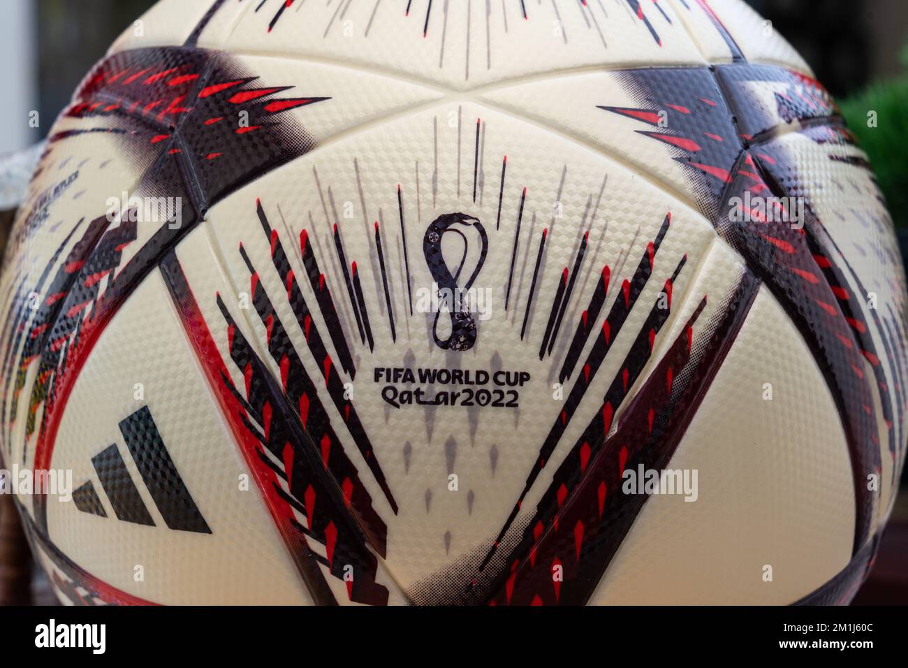 Close up of the adidas Al Hilm ball which is the official match ball used in the FIFA World Cup 2022 Qatar semi-finals and final. Stock Photo